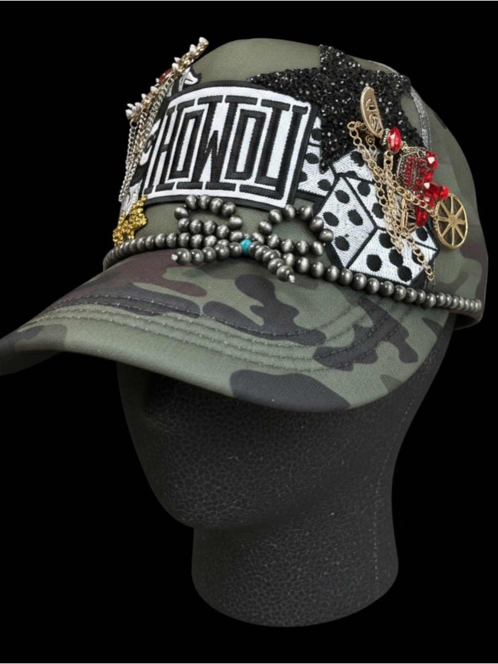 Women’s Custom  'Howdy' Embellished Trucker  hat - Olive Green summer vibes - Picture 2 of 3